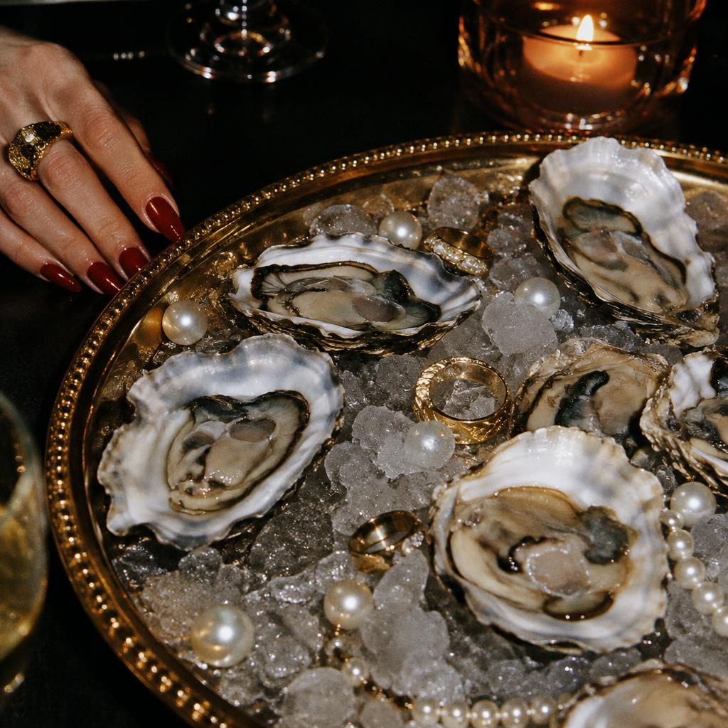 Gold tray of oysters scattered with pearls and rings