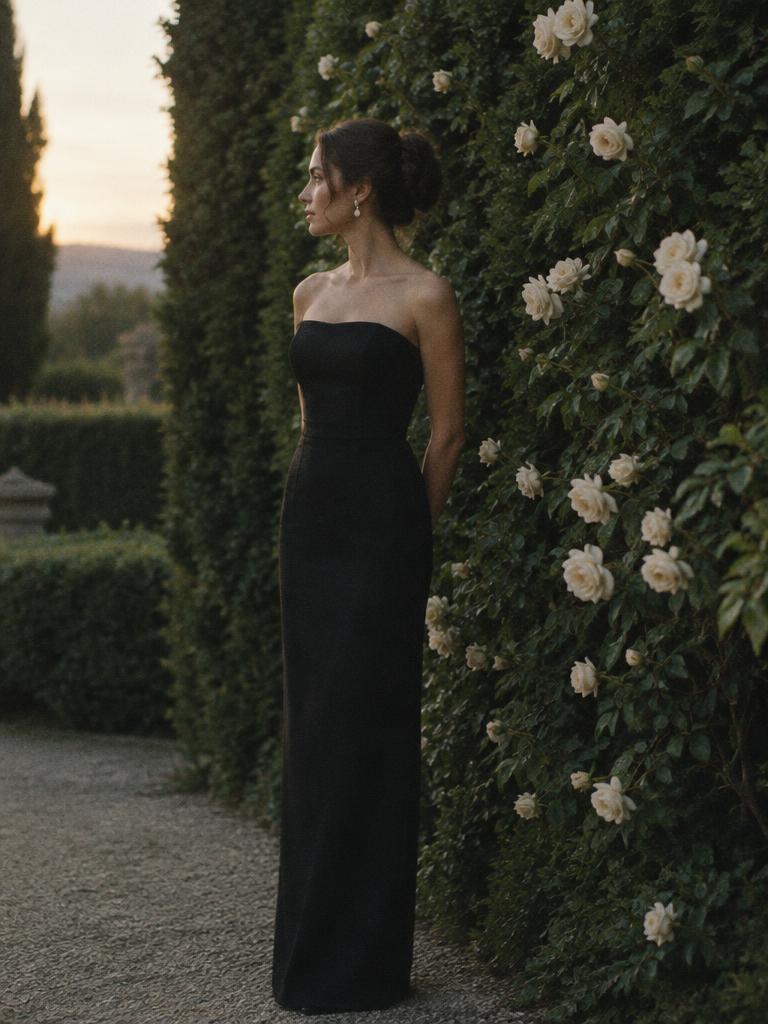 Black column gown against hedges and cream roses