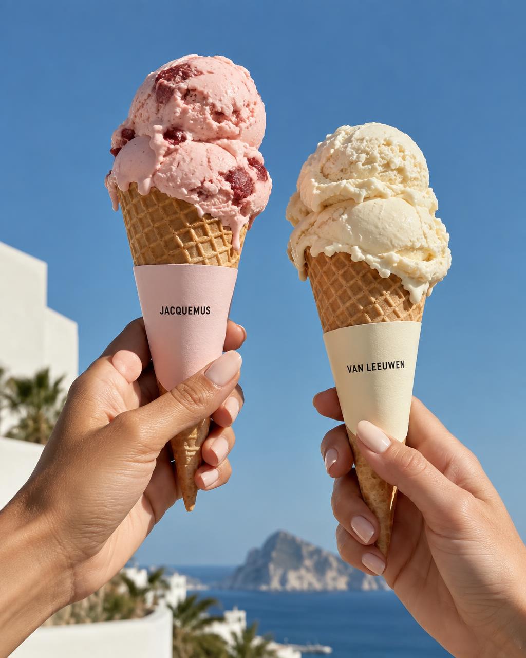 Jacquemus and Van Leeuwen ice cream cones held against an Ibiza sky