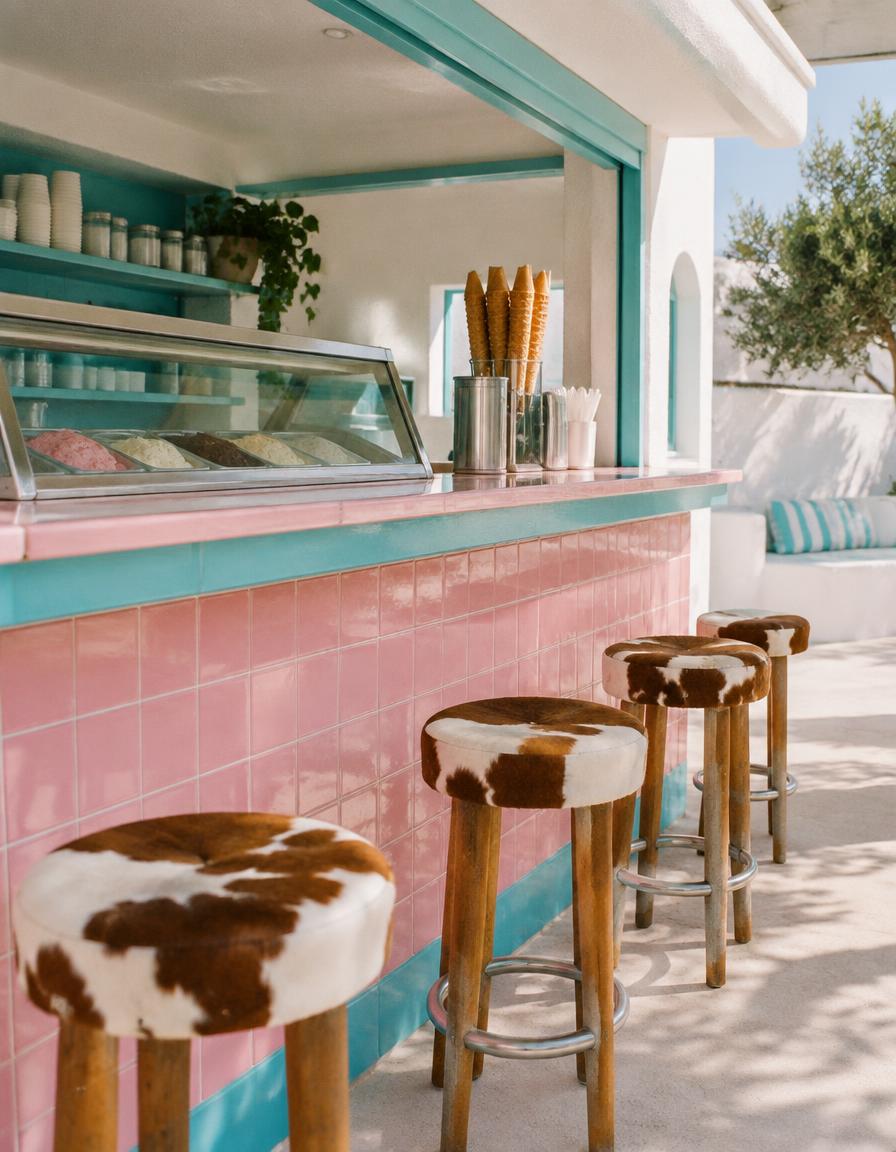 Kiosk counter with cowhide stools, pink tiles and cyan details