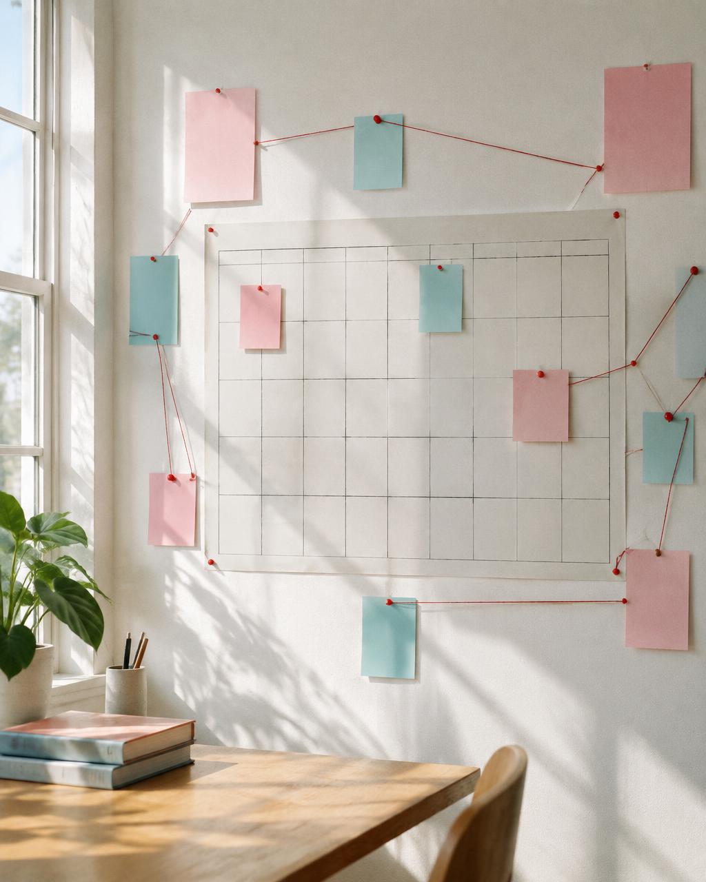 Planning wall with a paper calendar, pinned notes and string