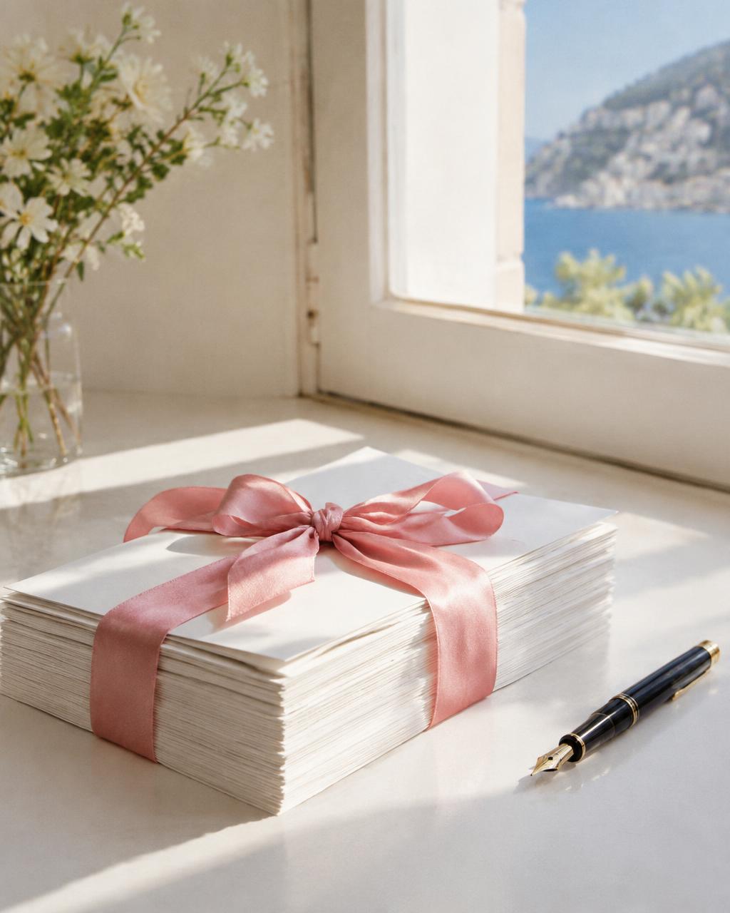 Stack of contracts tied with a pink ribbon on a white desk