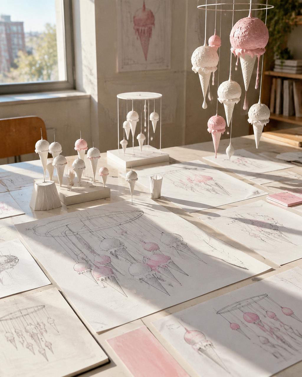 Design sketches and paper models of an installation on a drafting table