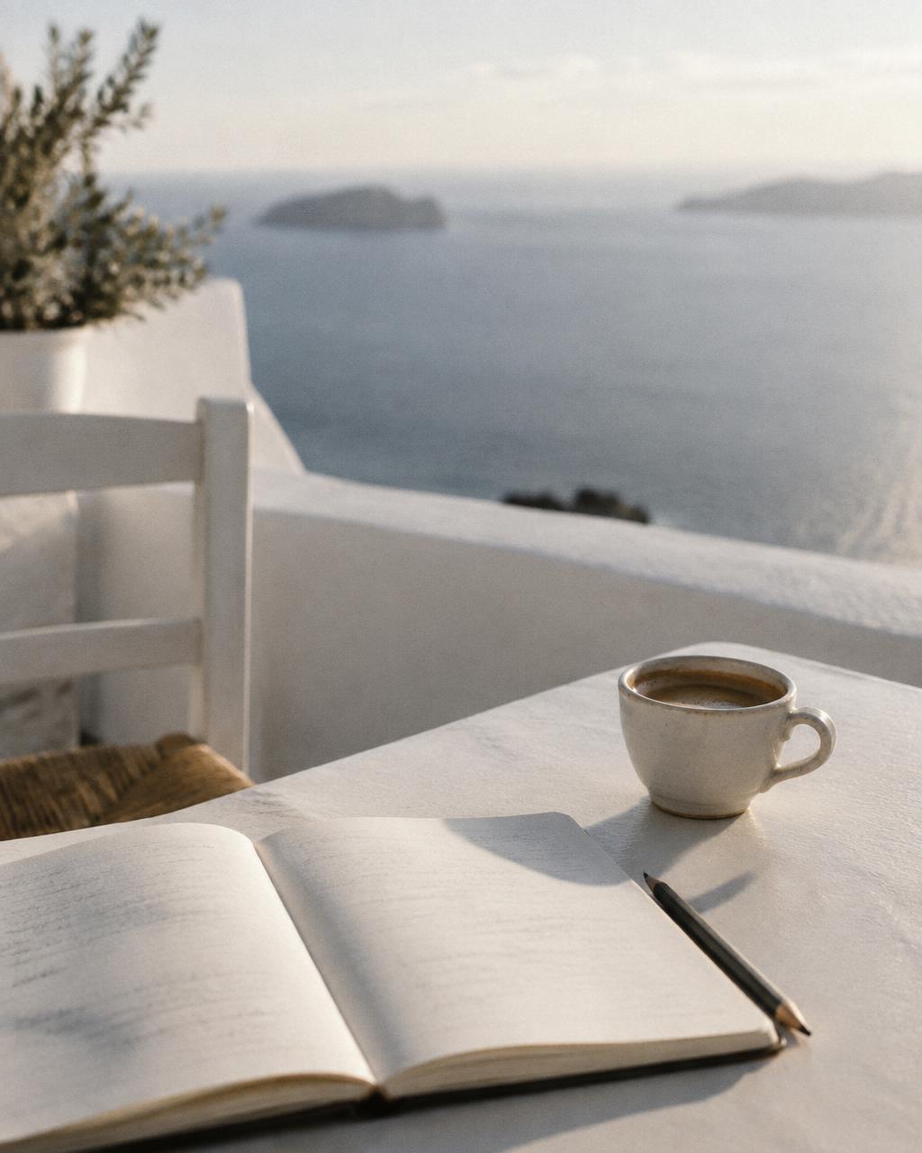 Open notebook and coffee on a terrace table in morning light